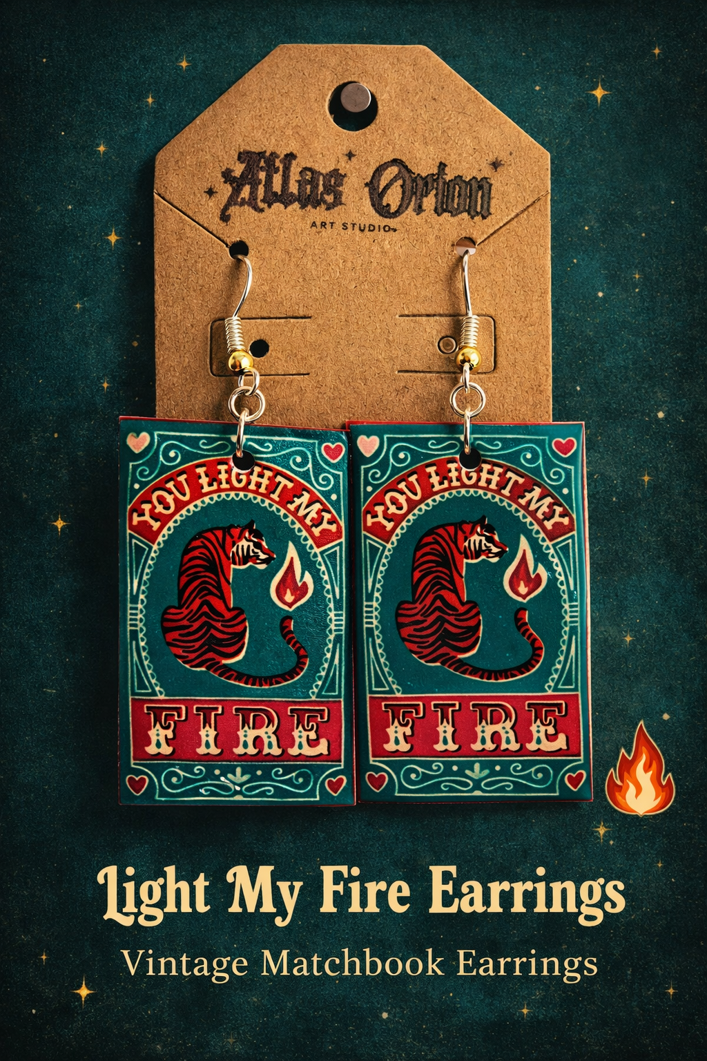 Light My Fire Earrings – Retro Tiger Matchbook Statement Earrings
