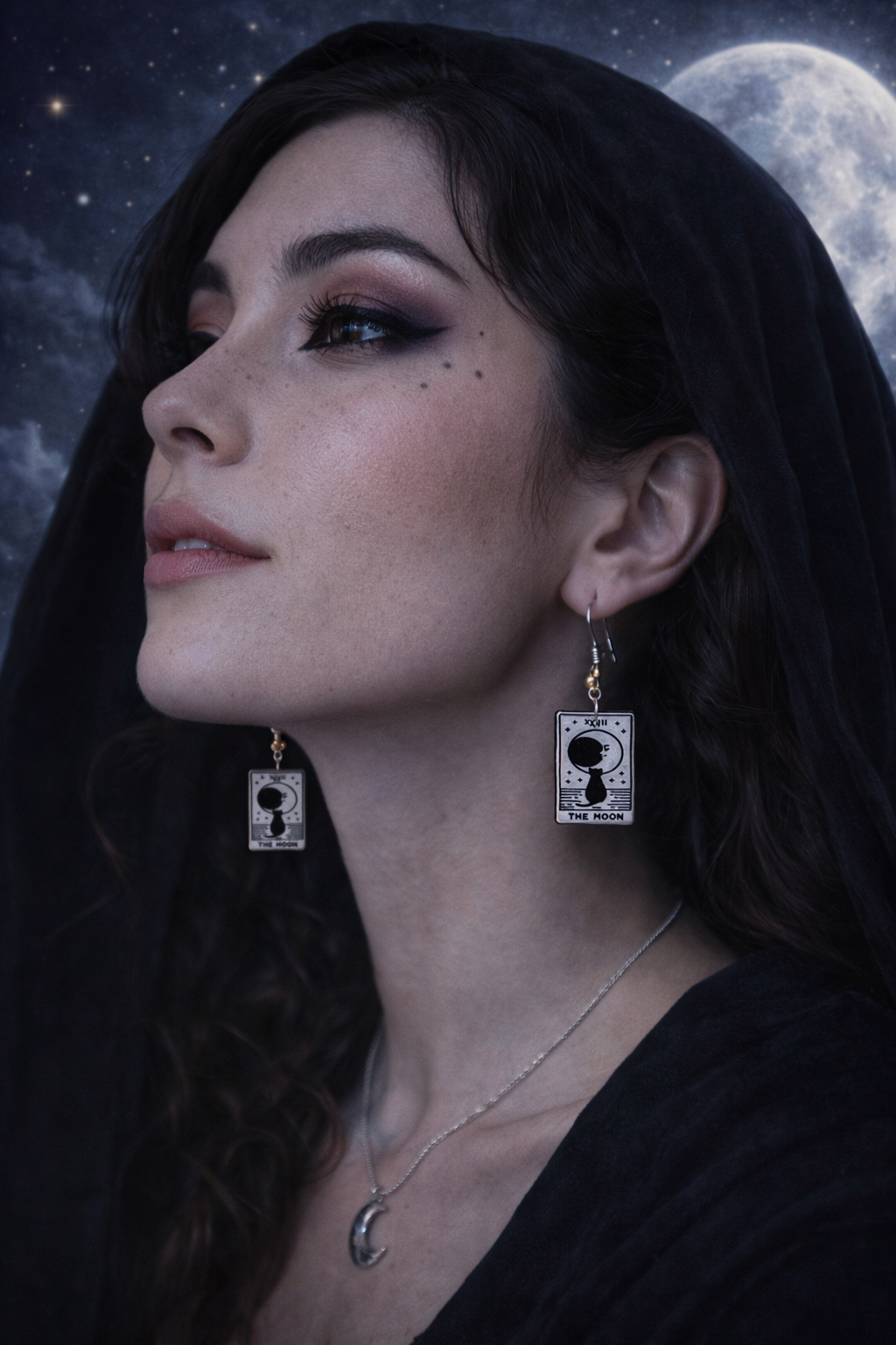 Moon Tarot Card Earrings - Black Cat Lunar Dangles