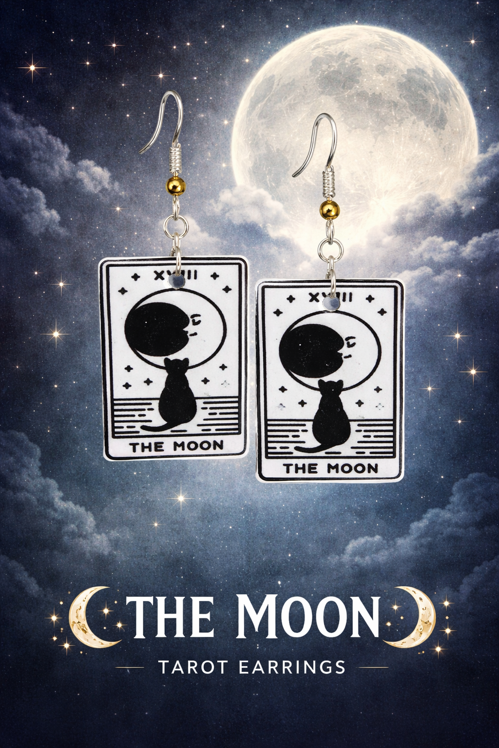 Moon Tarot Card Earrings - Black Cat Lunar Dangles